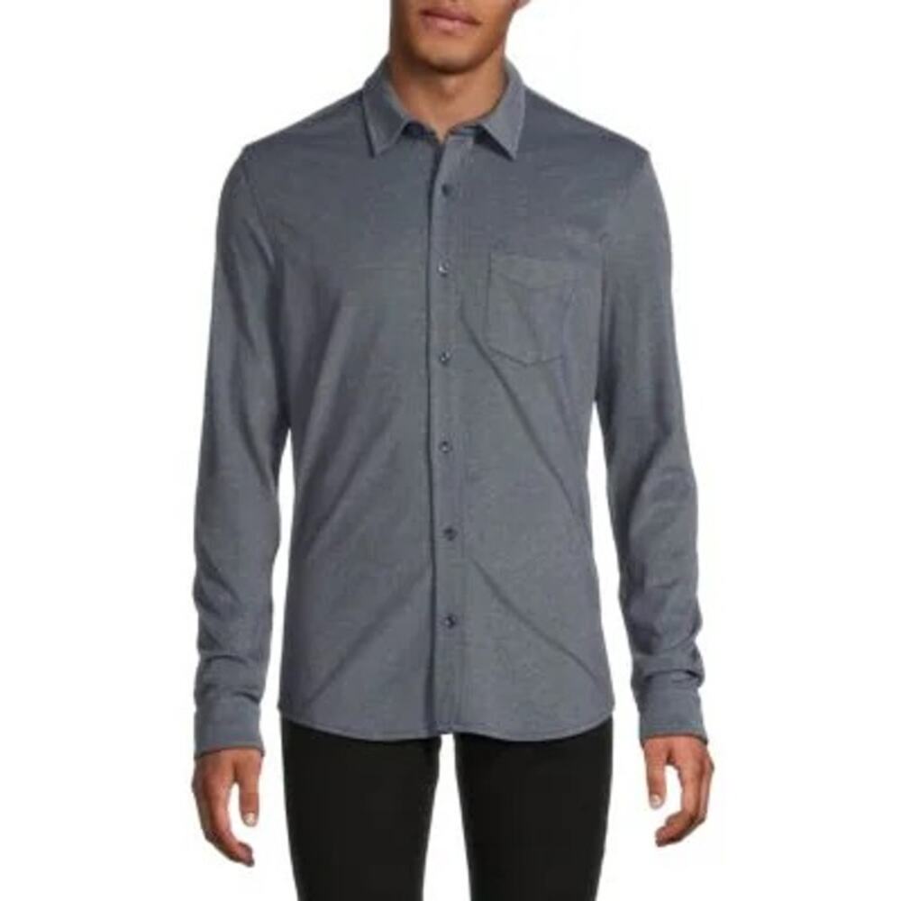 Ben Sherman Solid Knit Button Down Shirt in Heather Navy Blue size Medium